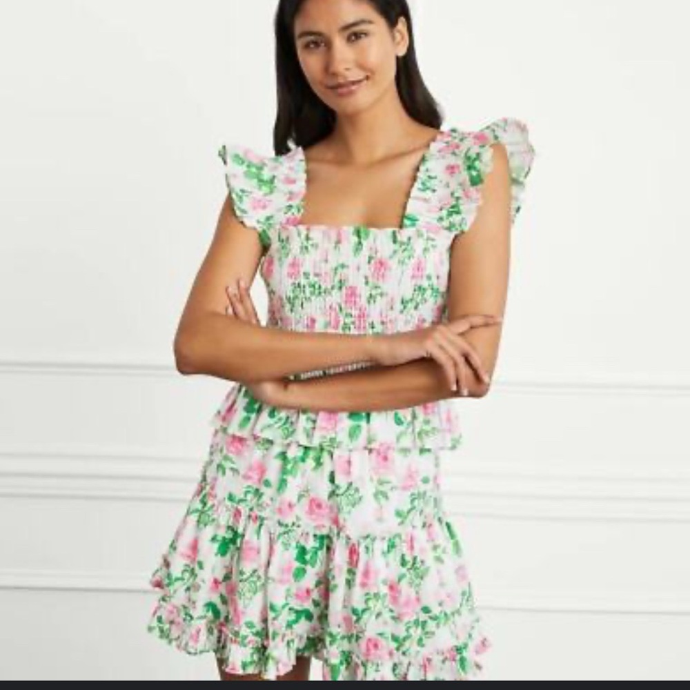 Hill House The Paz Mini Skirt Pink Roses Floral Ruffle Hem Linen size xs